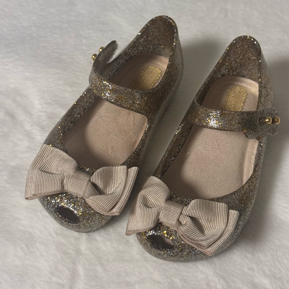 NWOT Mini Melissa Silver and Gold Glitter Flats- USA Size 7 Toddler/Baby